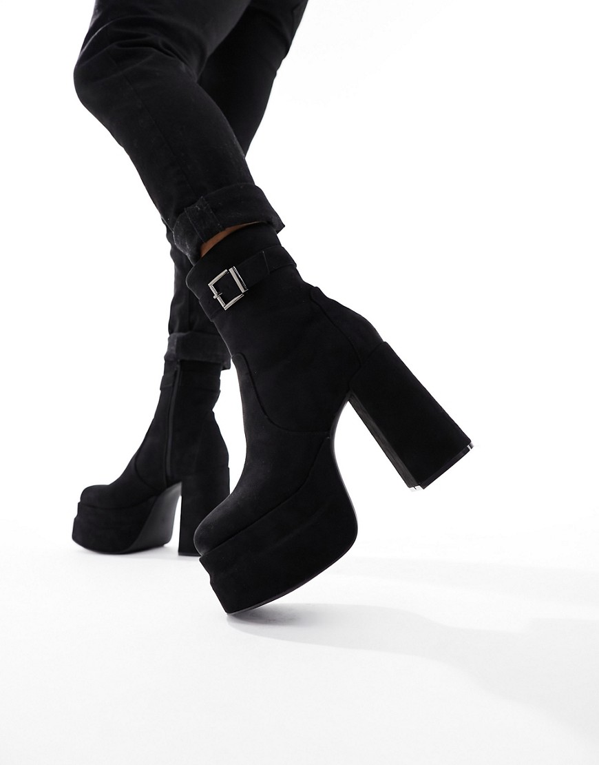 ASOS DESIGN platform heeled boots in black faux suede with buckle detail