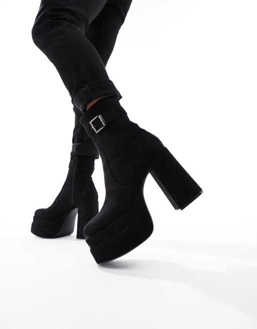 ASOS DESIGN platform heeled boots in black faux suede with buckle detail ASOS