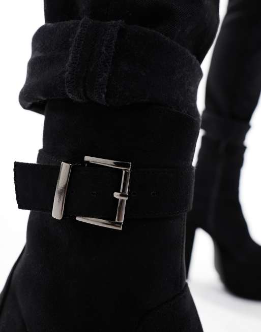 ASOS DESIGN platform heeled boots in black faux suede with buckle detail, 3 of 4