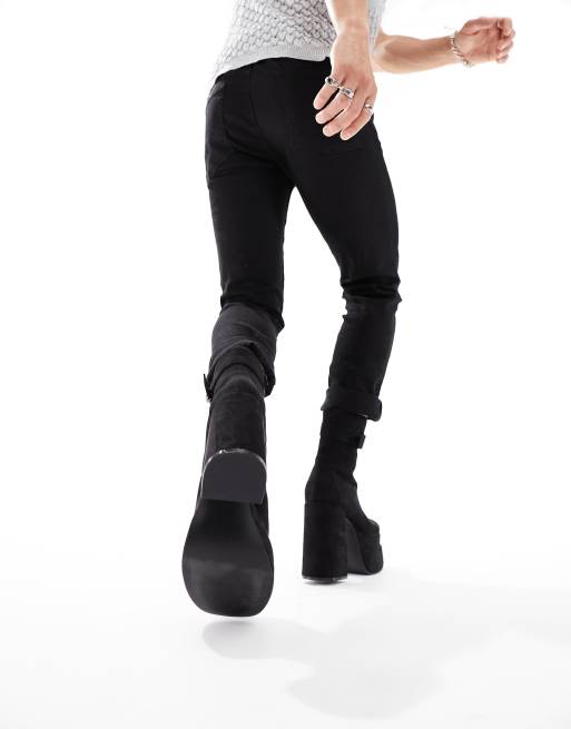 ASOS DESIGN platform heeled boots in black faux suede with buckle detail, 4 of 4