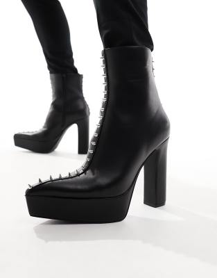 Asos Design Platform Heeled Boots With Pointed Toe In Black Faux Leather With Studs