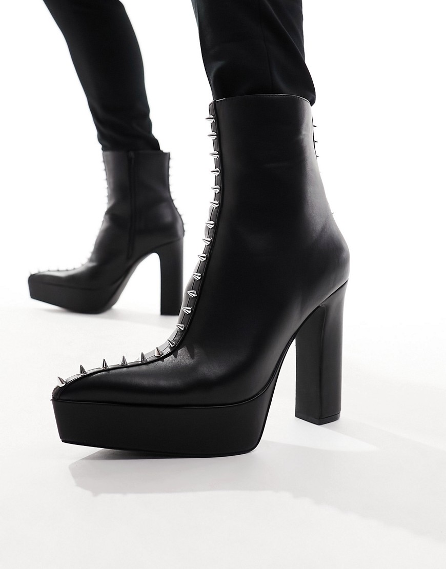 Shop Asos Design Platform Heeled Boots With Pointed Toe In Black Faux Leather With Studs