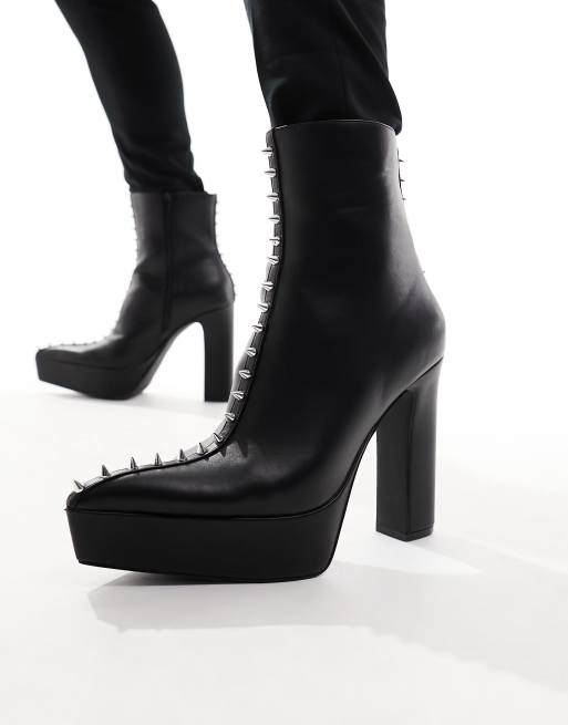 ASOS DESIGN platform heeled boots with pointed toe in black faux