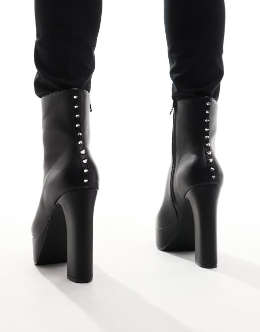 ASOS DESIGN platform heeled boots with pointed toe in black faux leather  with studs