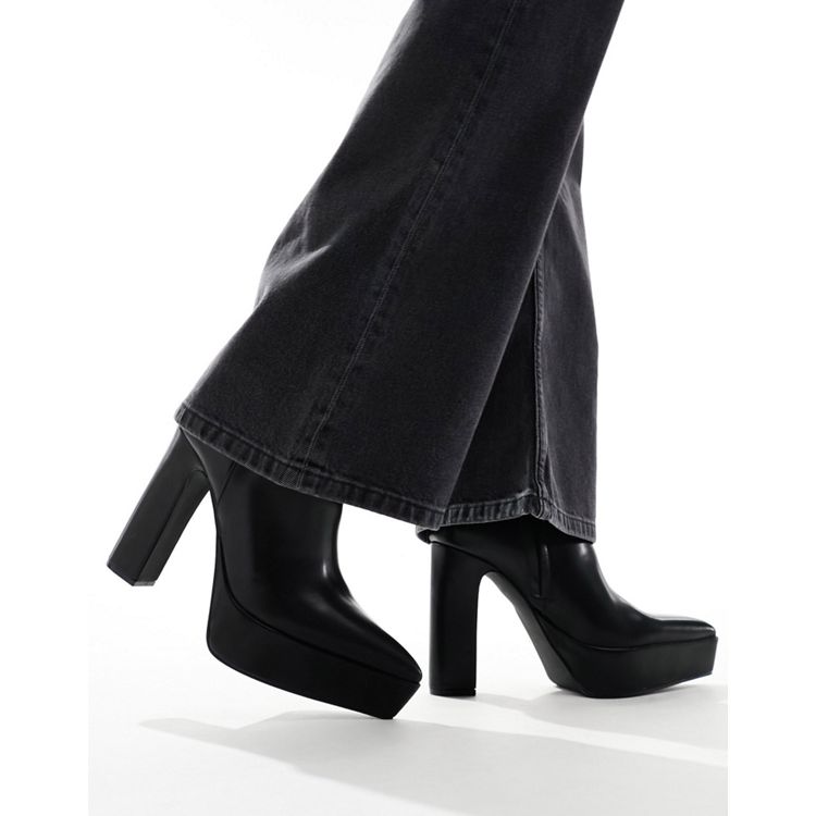 ASOS DESIGN platform heeled boots with pointed toe in black faux leather