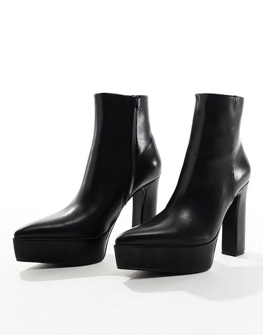 ASOS DESIGN platform heeled boots with pointed toe in black faux leather