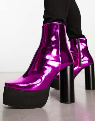 ASOS DESIGN PLATFORM HEELED CHELSEA BOOTS IN PINK FAUX LEATHER WITH CONTRAST SOLE 