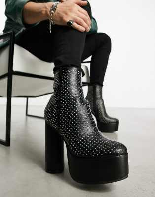 Asos Design Platform Heeled Chelsea Boots With Stud Detail In Black Faux Leather