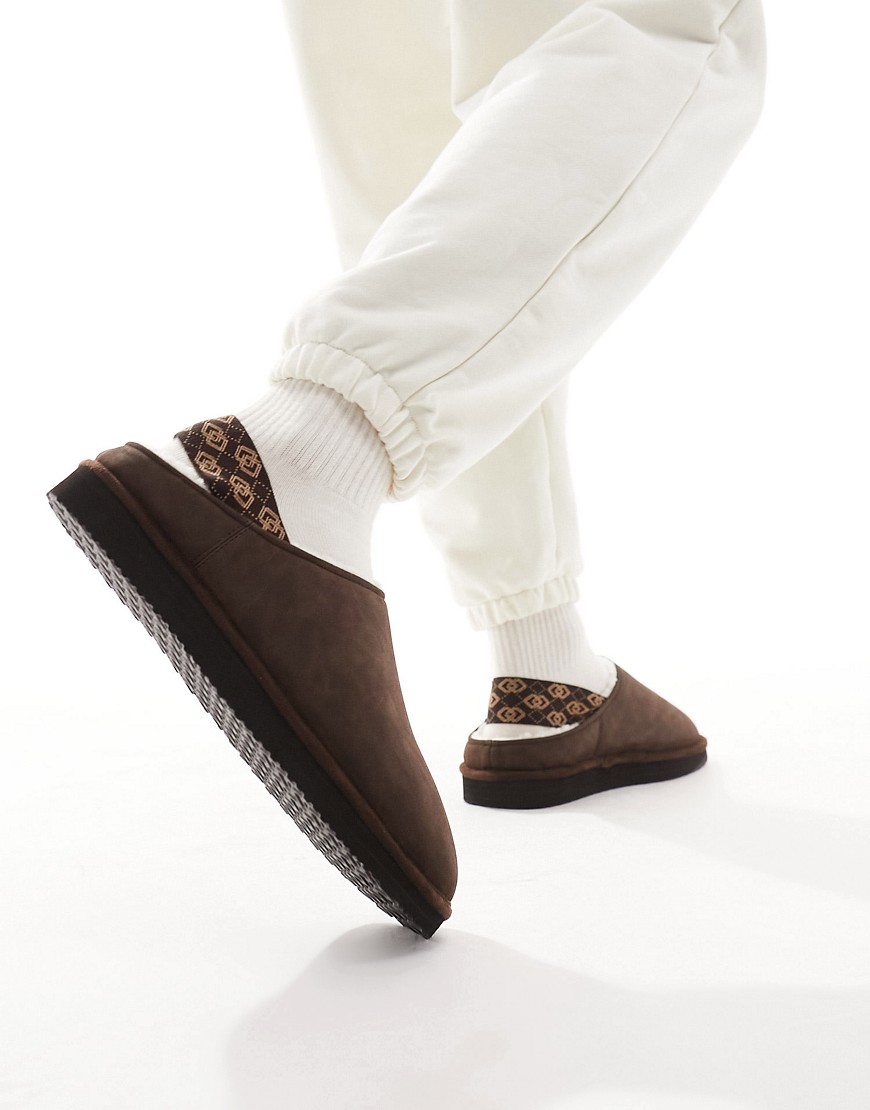 ASOS DESIGN platform slippers in brown with branded strap detail