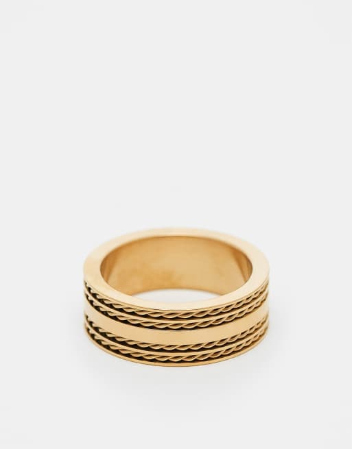 ASOS DESIGN - Platte ring van waterbestendig roestvrij staal met touweffect in goudkleur