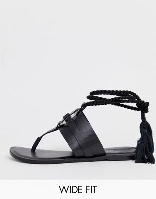 ASOS DESIGN - Platte sandalen met vintage leer en ringen met strikbanden in zwart