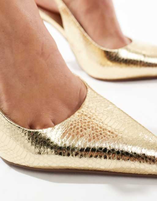 ASOS DESIGN Playful Scarpe con tacco alto color oro pitonate con cinturino posteriore