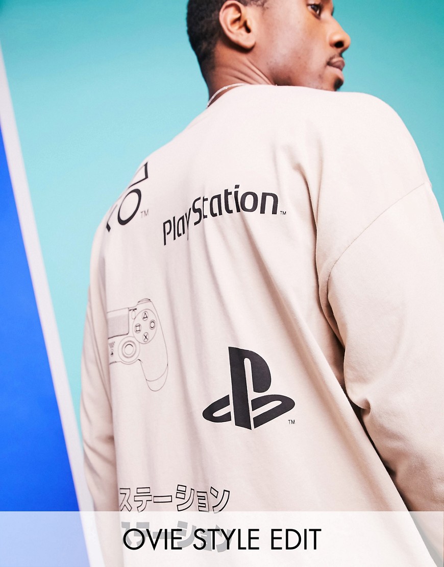 ASOS DESIGN – PlayStation – Långärmad t-shirt i oversize med flera mönster-Beige