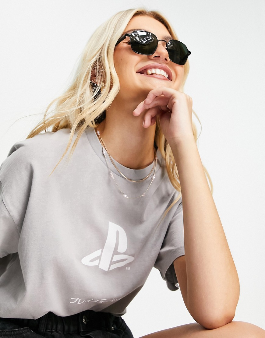 ASOS DESIGN Playstation oversized t-shirt in washed pale gray-Grey