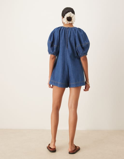 ASOS DESIGN – Playsuit aus softem Denim mit Ballonärmeln in Dunkelblau, 2 von 4