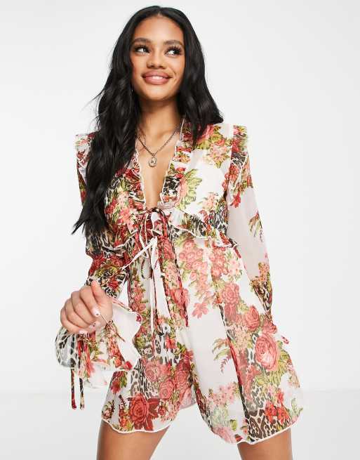 ASOS DESIGN – Playsuit i chiffong med knytning och blandat djur- och rosmönster