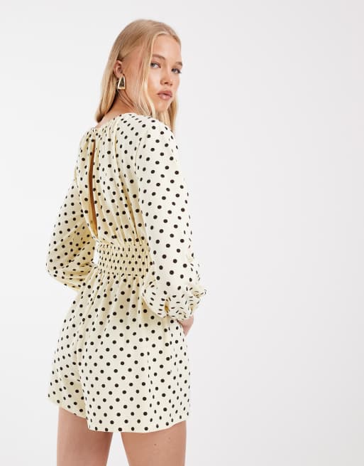 ASOS DESIGN playsuit med polkaprikker og markeret talje i citron og brun, 3 af 4