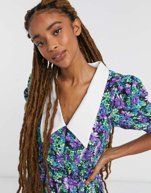 ASOS DESIGN - Playsuit met contrasterende kraag in lila bloemenprint, 3 van 4