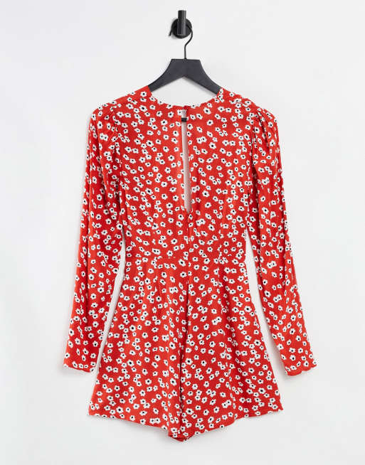 ASOS DESIGN - Playsuit met gedraaide voorkant, lange mouwen en klaprozenprint, 2 van 4