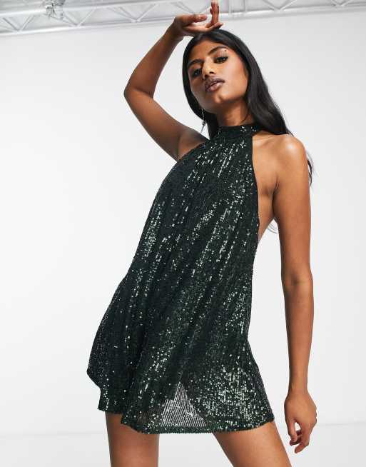 ASOS DESIGN - Playsuit met halternek en lovertjes in smaragdgroen