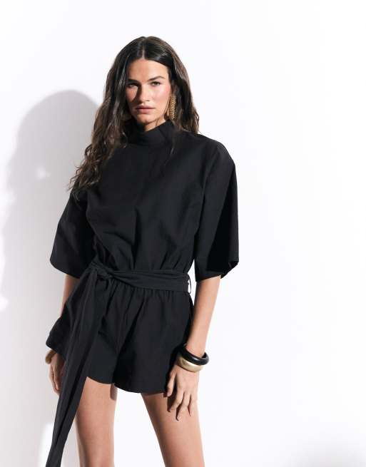 ASOS DESIGN playsuit met hoge hals en korte mouwen in zwart, 2 van 8