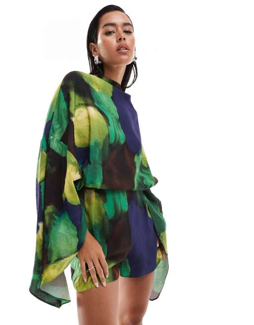ASOS DESIGN - Playsuit met overlay met vleermuismouwen en abstracte print