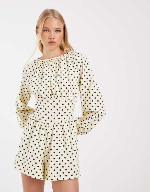 ASOS DESIGN playsuit met polkadot en getailleerde taille in citroengeel en bruin, 4 van 4