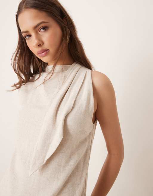 ASOS DESIGN - Playsuit van linnenmix met dubbele laag en strik in beige, 3 van 4