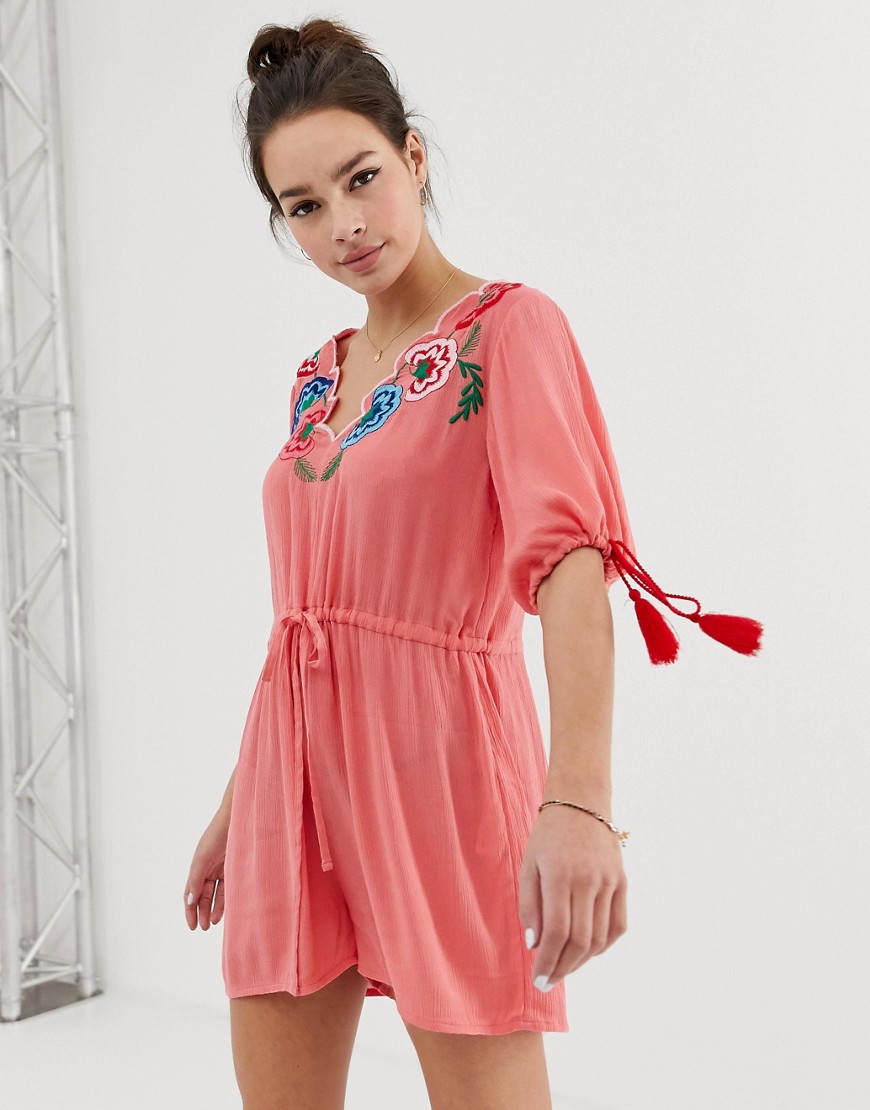 ASOS DESIGN playsuit with embroidery and tie sleeve detail-Multi