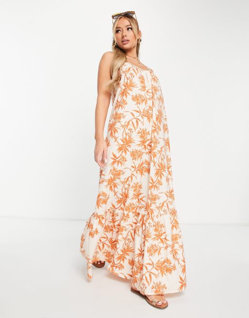 ASOS DESIGN – Plażowa sukienka maxi na ramiączkach z obniżonym tyłem w naturalnym kolorze z tropikalnym nadrukiem