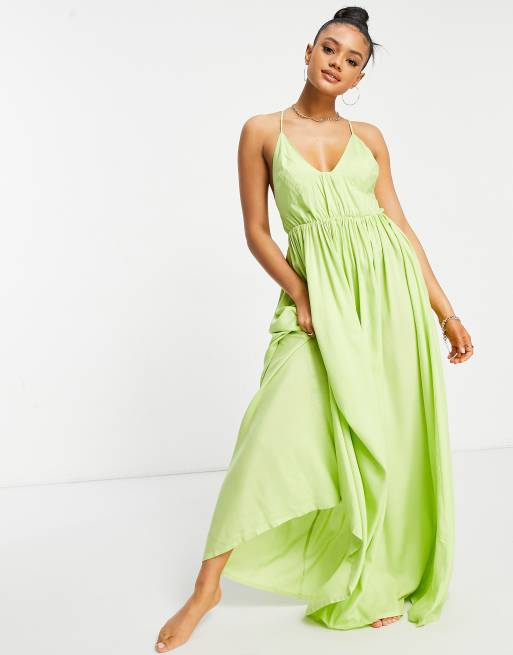 ASOS DESIGN – Plażowa zbierana z przodu sukienka maxi na ramiączkach w kolorze jabłkowej zieleni z efektem sprania
