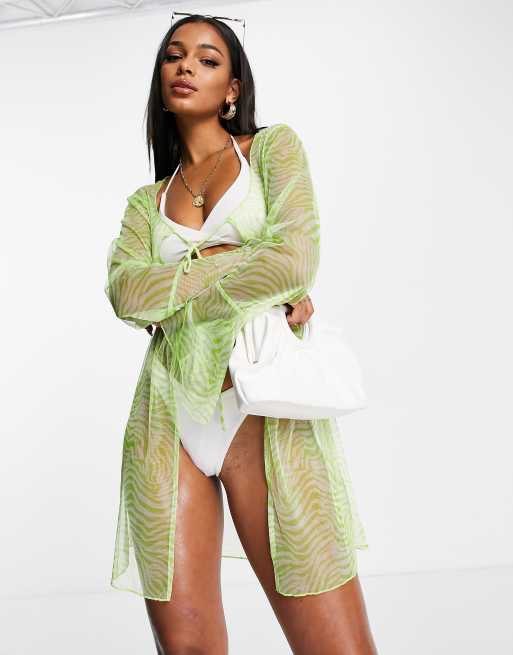 ASOS DESIGN – Plażowe kimono z siateczki w neonowy wzór w paski zebry z wiązaniem z przodu