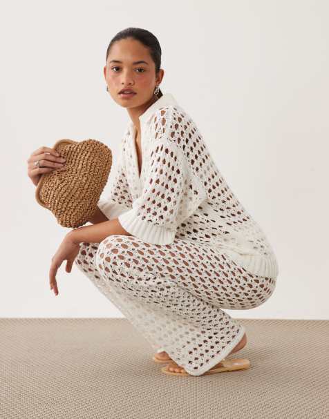 ASOS DESIGN plażowy szydełkowy zestaw z szerokimi nogawkami w kolorze kremowym - view 1