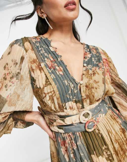 ASOS DESIGN pleat and double belt detail midi dress with patchwork print, 3 of 4