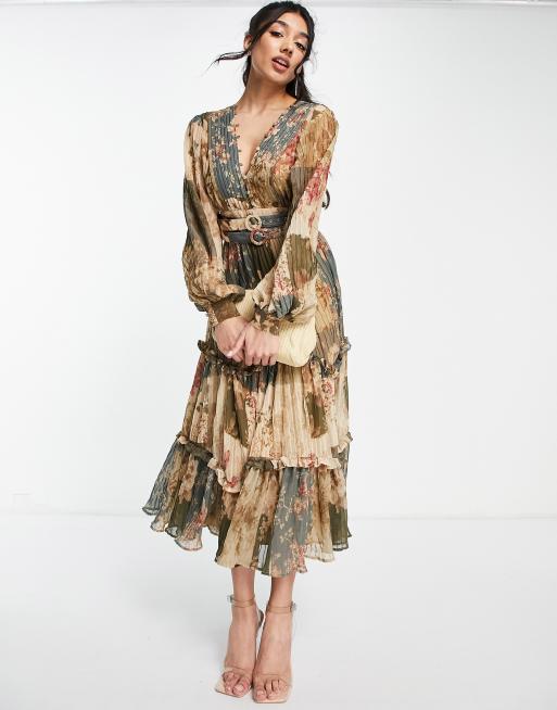 ASOS DESIGN pleat and double belt detail midi dress with patchwork print, 4 of 4