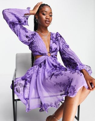 ASOS DESIGN pleat chiffon mini dress with cut out sides in purple with floral print