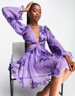 ASOS DESIGN pleat chiffon mini dress with cut out sides in purple with  floral print