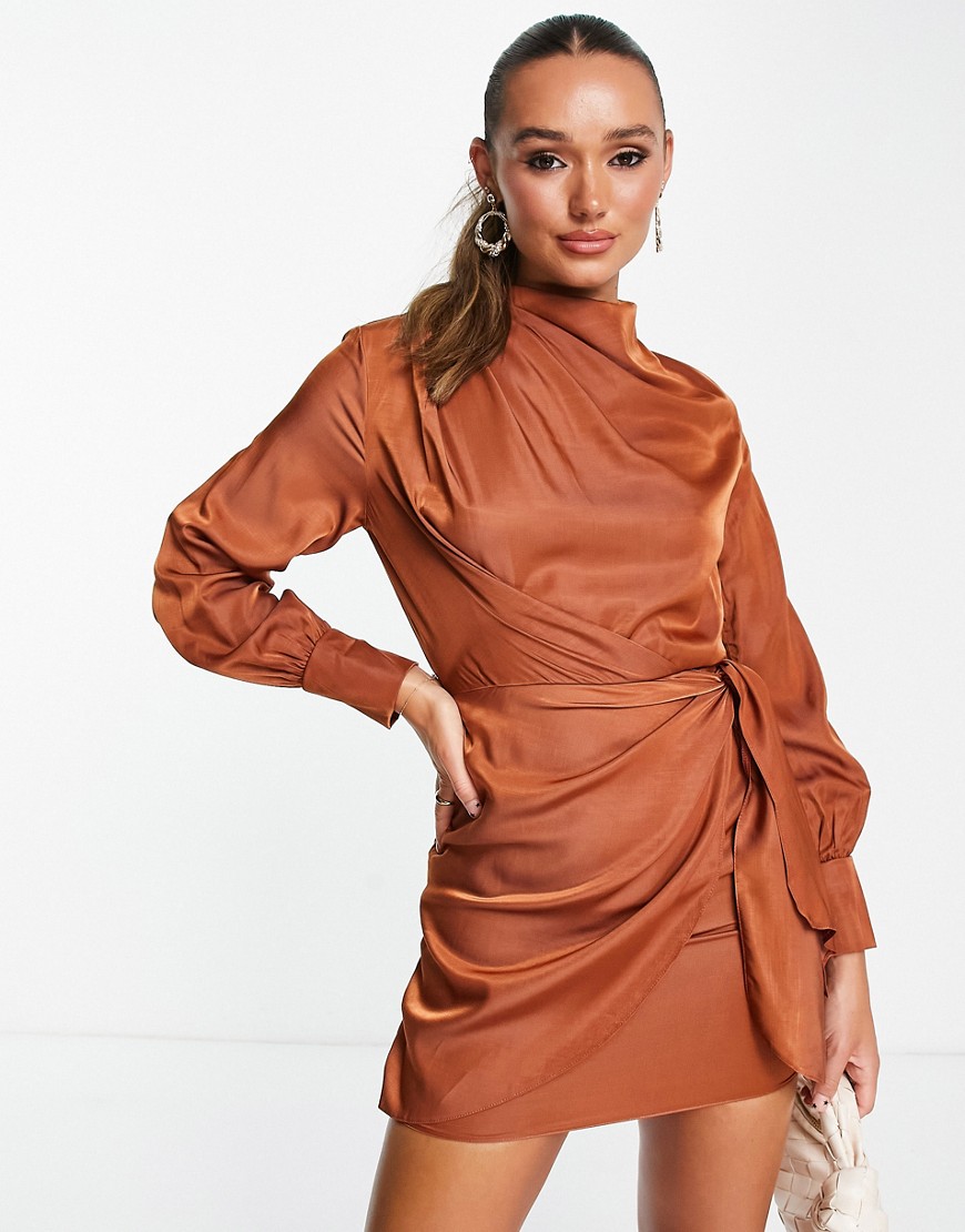 ASOS DESIGN pleat cowl neck mini dress with tie skirt in rust-Copper