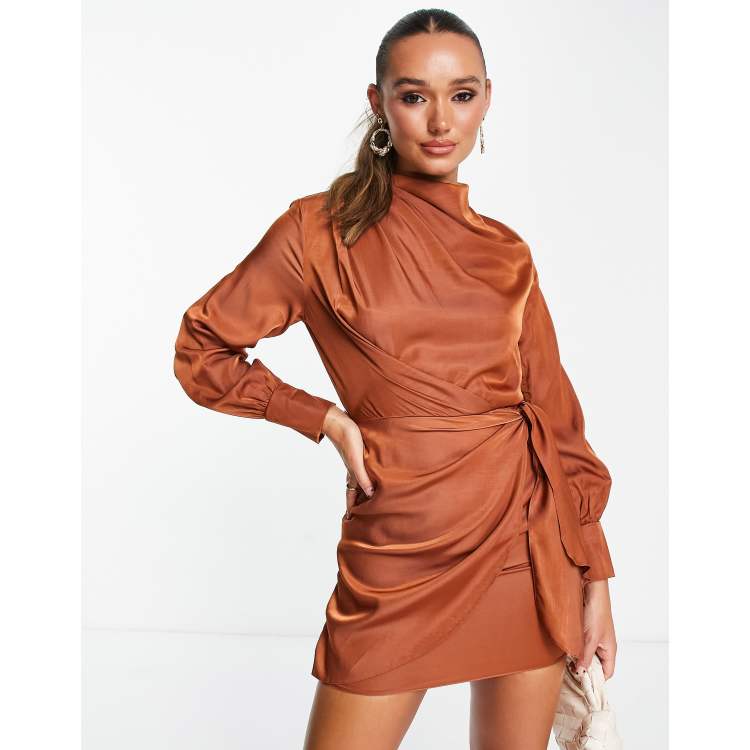 ASOS DESIGN pleat cowl neck mini dress with tie skirt in rust