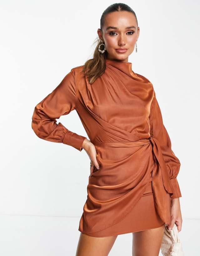 ASOS DESIGN pleat cowl neck mini dress with tie skirt in rust