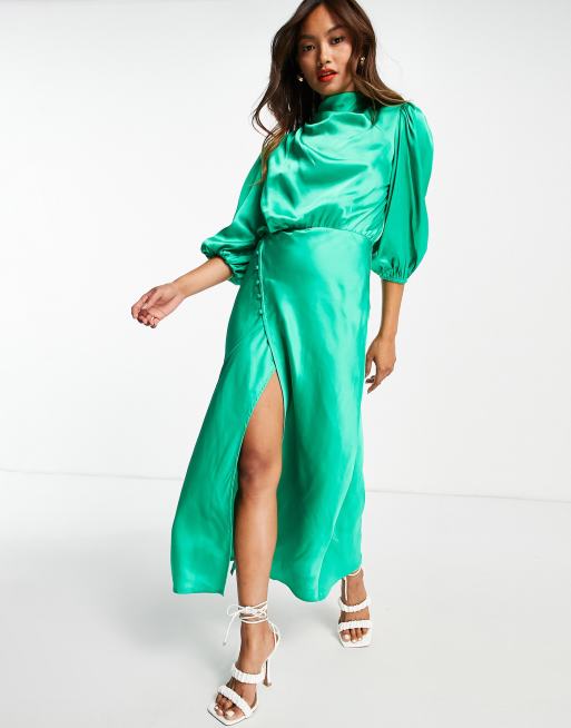 ASOS DESIGN pleat cowl neck satin midi tea dress with puff sleeve in ...