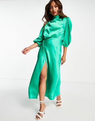 ASOS DESIGN pleat cowl neck satin midi tea dress with puff sleeve in emerald green  - ASOS Price Checker