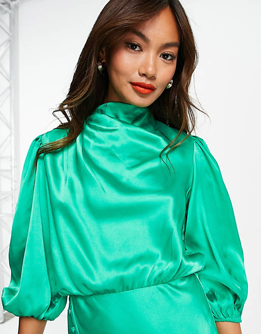  pleat cowl neck satin midi tea dress with puff sleeve in emerald green 