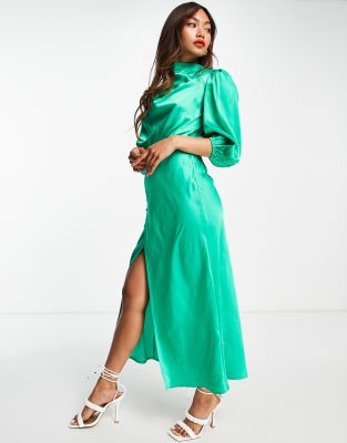 ASOS DESIGN pleat cowl neck satin midi tea dress with puff sleeve in emerald  green | ASOS