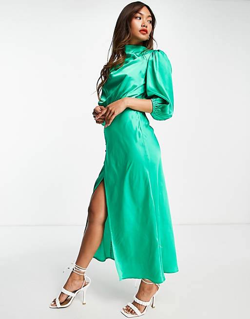  pleat cowl neck satin midi tea dress with puff sleeve in emerald green 