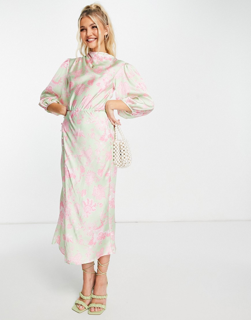 ASOS DESIGN pleat cowl neck satin midi tea dress with puff sleeve in floral print-Multi