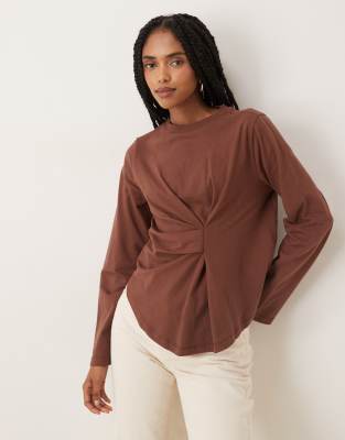 ASOS DESIGN pleat detail cinched long sleeve top in chocolate-Brown