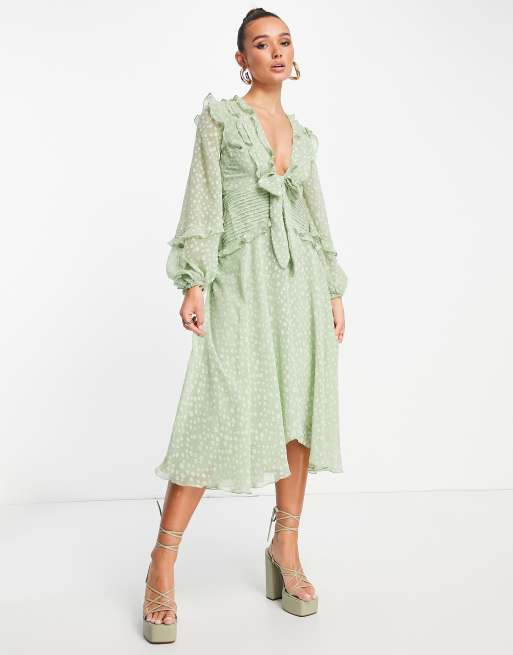 You're My Type Sage Green Satin Jacquard Midi Slip Dress