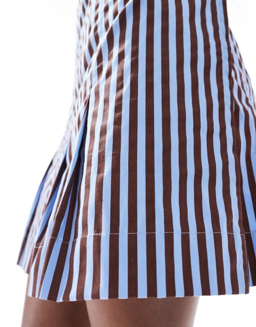 ASOS DESIGN pleat detail mini skirt in blue and brown stripe, 2 of 5