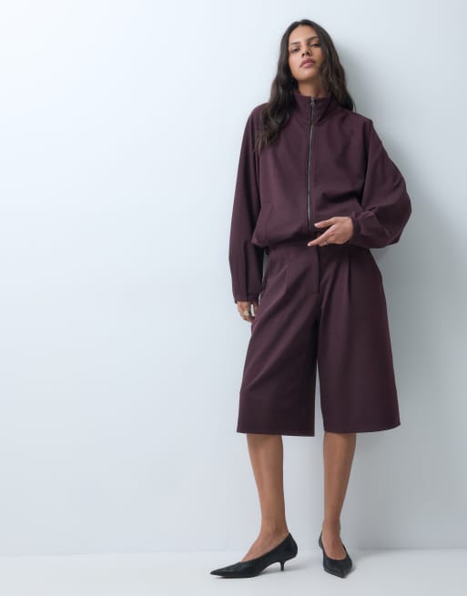 ASOS DESIGN zip-up jacket and pleated jorts set in burgundy, 3 of 3
